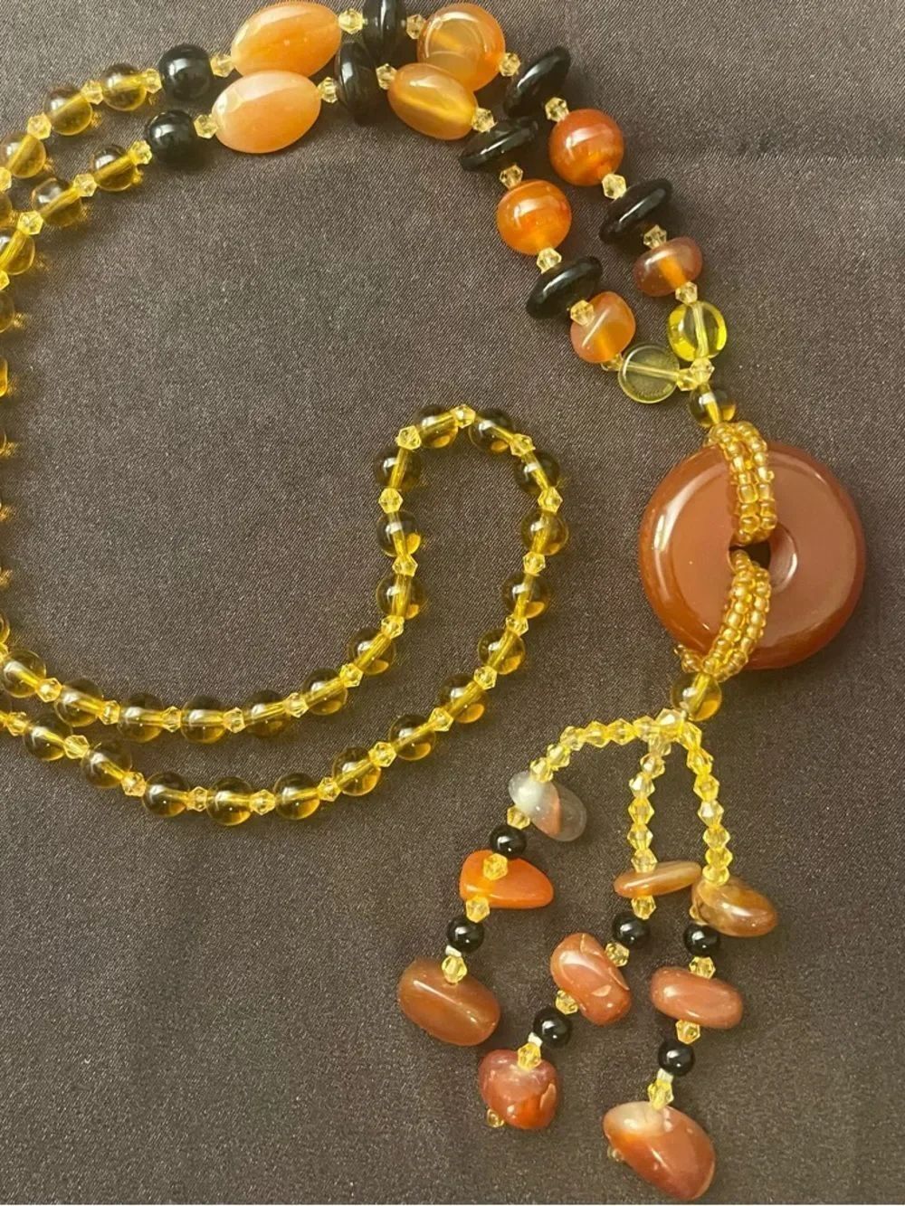 Handmade Amber & Carnelian Beaded Lariat Necklace - Yellow & Orange